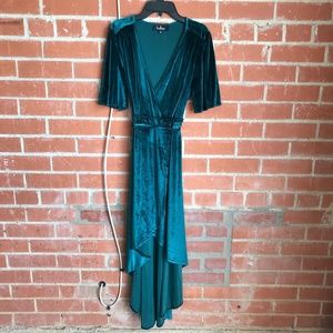 Lulus green velvet wrap dress asymmetrical hem size L
